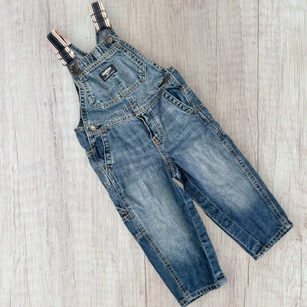 OSHKOSH B'GOSH Vestbak Red White Blue Denim Overalls 18-24 Months